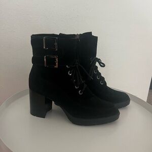 Aquatalia Black Lace-Up Suede Boots with Buckles